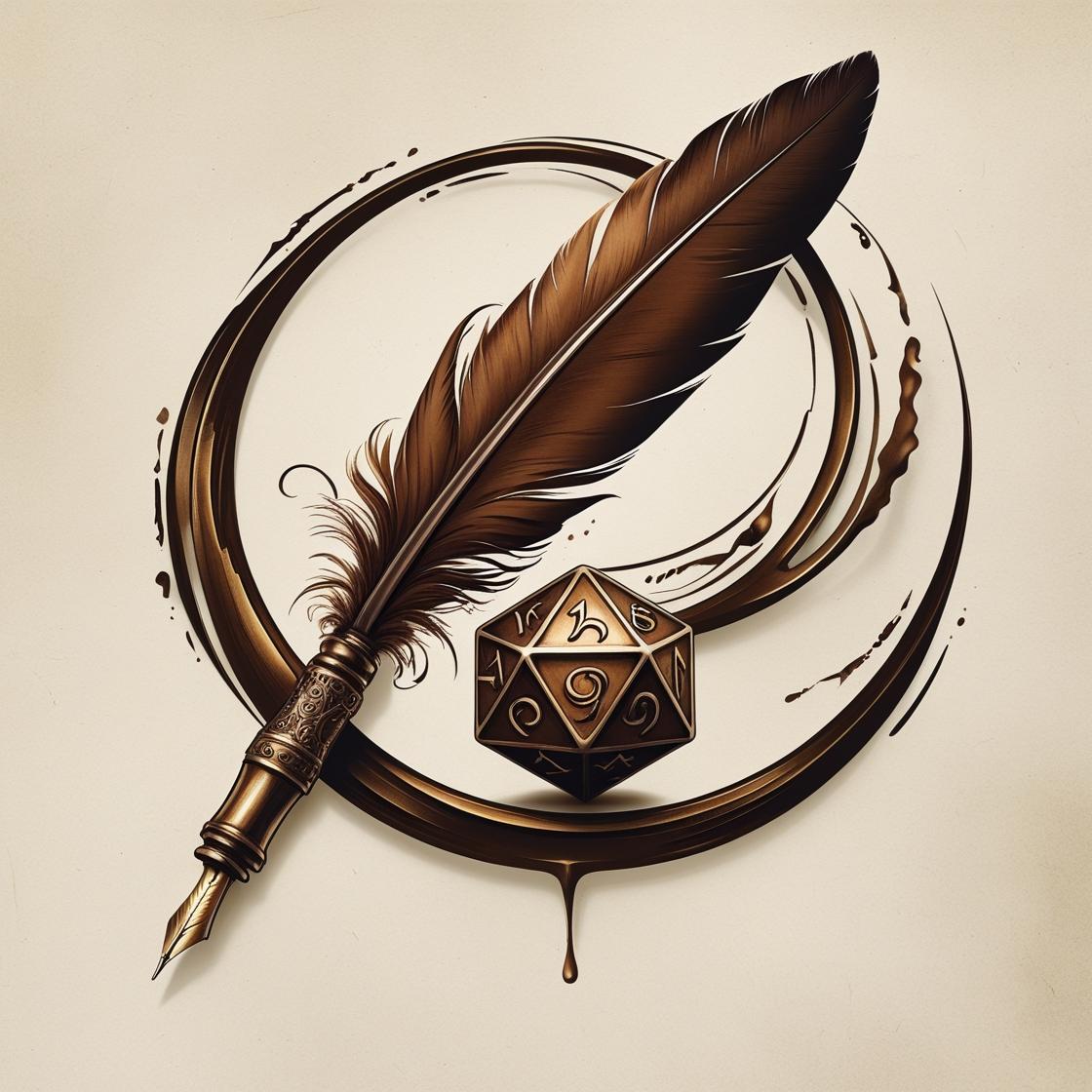 Logo with an old ink pen with a feather leaning against a die. The die has runes on it. Ink leaks out of the pen and then forms a circle around the whole logo.